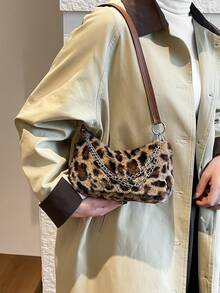 Leopard Print Fuzzy Shoulder Bag (Print Placement Random) - Brown - View 3
