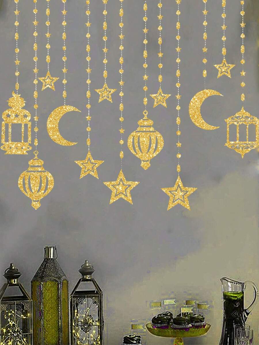 1/6/12 pezzi Decorazione da parete a forma di lanterna con stelle e lune, adatta per ristorante, soggiorno, camera da letto, sfondo dorato, ornamenti appesi, decorazione per la casa, decorazione per feste - Dorato - Visualizzare 1