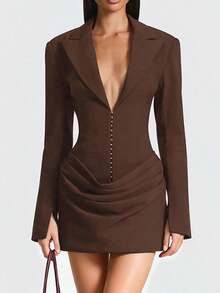 Sexy Casual Brown Knitted Fabric Long Sleeve Mini Dress For Women With Button Front And Plicated Detailing - Brown - View 12