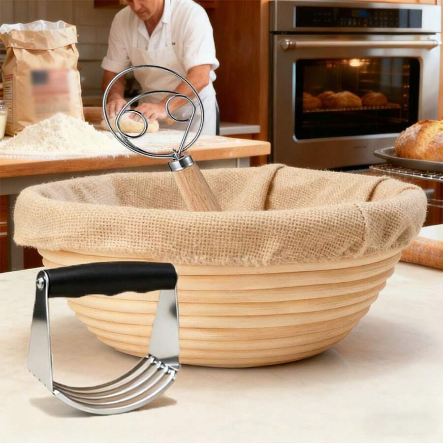 3pcs Baking Set, Willow Bread Proofing Basket Set, Complete Yeast Bread Proofing Kit, Round Proofing Basket (With Cloth Cover), Danish Style Dough Whisk, Flour Sifter, Suitable For Homemade Baking And Fermentation - Multicolor - View 1