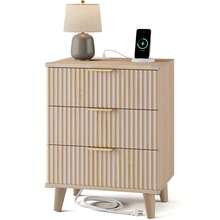 GIKPAL Wood 3 Drawers Dresser Fluted Night Stand With Charging Station, Storage Nightstand Modern Side Table, Bedside Table For Bedroom, Living Room Entryway, Natural - 查看 10