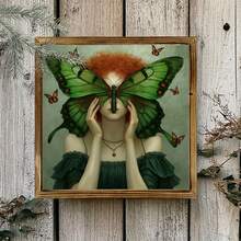 Charming Green Butterfly Fantasy Vintage Rustic Style Wooden Framed Wall Art, 8x8 Inches Rustic Home Decor Plaque For Living Room, Office, Photo Wall, Desk Display Decoration, Perfect Homely Aesthetic Gift For Friends - Multicolor - View 5