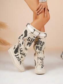 Women's Fashionable Black Round Toe Thick Sole Flat Ankle Boots, Casual Canvas Tall Boots For Autumn/Winter - Beige - View 7