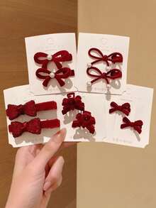 1/2/10个装新年红色仿珍珠植绒蝴蝶结侧夹，适合日常聚会、侧刘海、可爱公主发夹、时尚配饰、四季皆宜、送女友礼物、狂欢节季