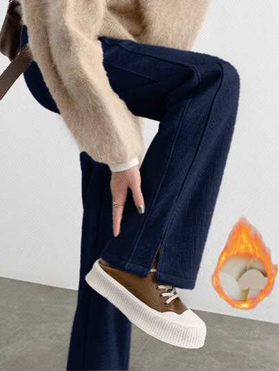 大码女式保暖内衬阔腿开衩裤，百搭休闲直筒裤，适合秋冬季节，秋季女装