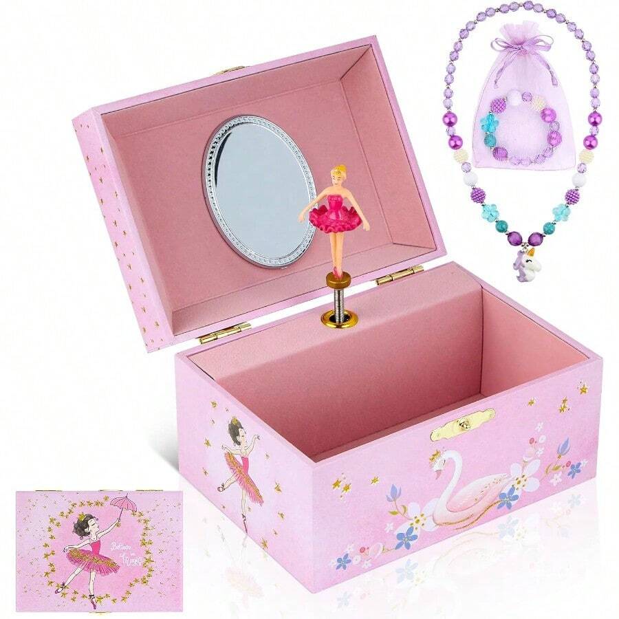 HAWT Girls' Musical Jewelry Box Organizer With Jewelry Set - Glittering Pink Spinning Ballerina Theme Swan Lake Tune - Jewelry Storage And Music Box For Girls - 粉紅芭蕾舞者 - 查看 1