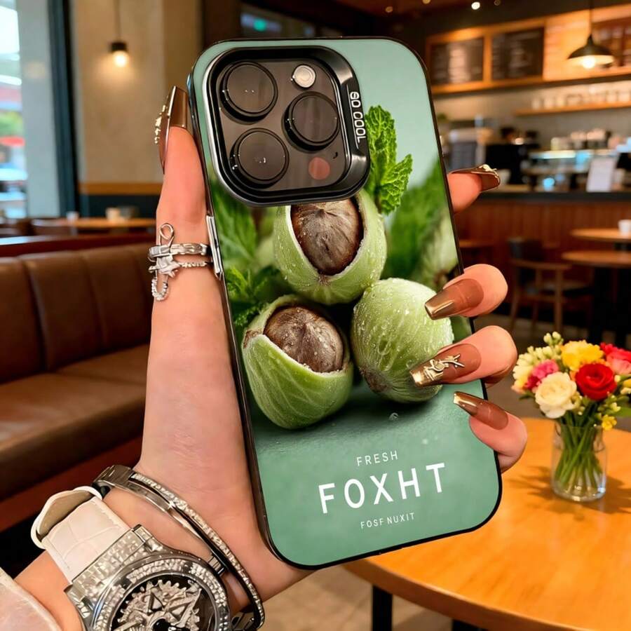 Cubierta de teléfono con diseño de nueces verdes y texto FRESH FOXHT color verde claro para uso diario en cafeterías - Blanco - Ver 1