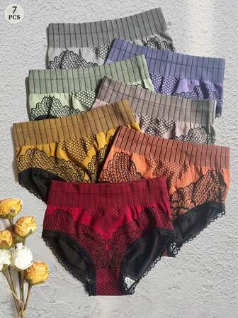 7Pcs Seamless Lace Briefs High Waist Panties Set Women's Multicolor Flat Belly Sheathing Panty Soft Skin Friendly Comfortable Briefs Female Underwear