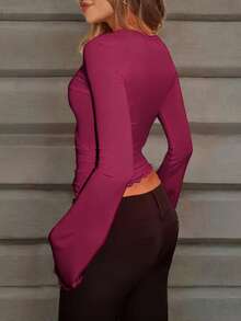 Áo thun nữ tay dài cổ chữ V, thiết kế ren chắp vá mới cho mùa xuân/thu, áo croptop ôm sát thời trang - Đỏ - Xem 2