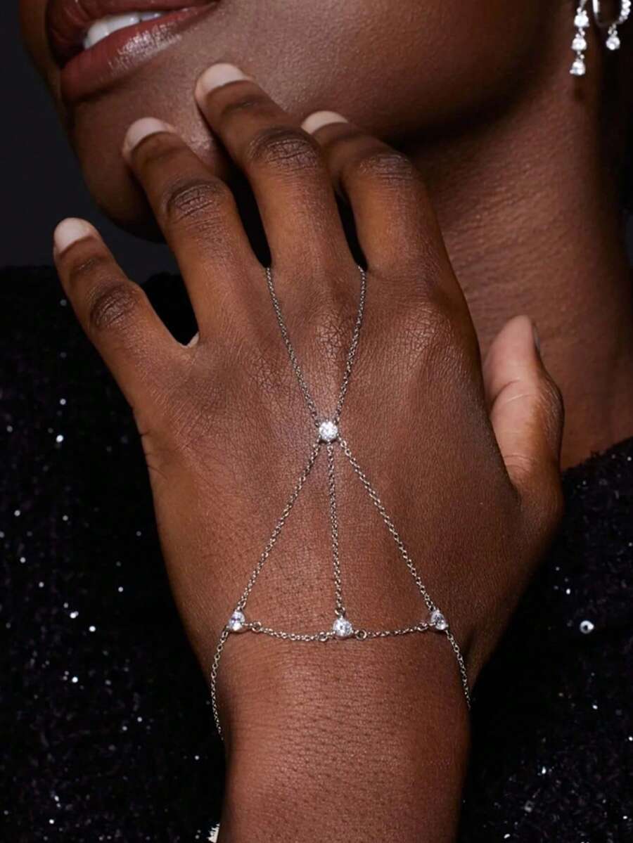 1pc Silver-Color European & American Style White Crystal Geometric Criss-Cross Finger Chain Bracelet, Goth Glitter Crystal Bracelet Suitable For Nightclub, Party, Street Snap Accessories - Silver - View 1