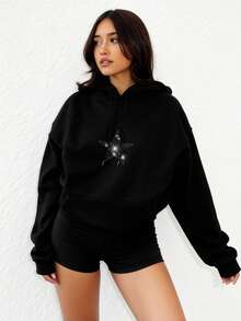 LOVE JOYY Women's Rhinestone Star Cropped Hooded Sweatshirt, Loose-Fitting, Stylish, And Casual, Perfect For Everyday Autumn And Winter Wear. Long-Sleeved Black Top - Black - View 3