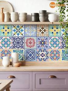 SUPSTICKER 12 piezas de pegatinas de pared de PVC con diseño de azulejos vintage bohemio, autoadhesivas, impermeables y resistentes al calor, de varios tamaños, para decoración DIY de cocina y hogar - Multicolor - Ver 3