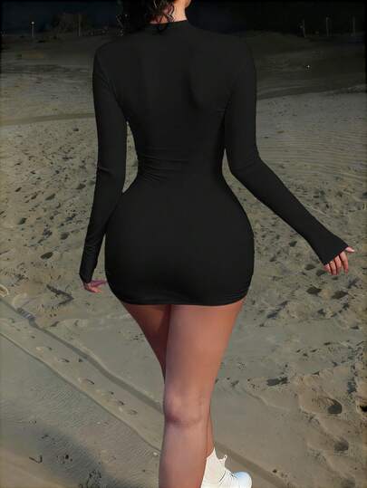 Vestido elegante de unicolor, de cuello alto y manga larga, de corte slim y minimalista, para primavera/verano y fiestas, color negro