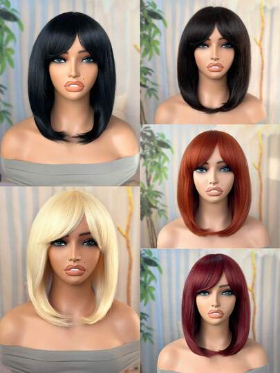 16 Inch Light Straight Bob Wig With Bangs Synthetic Wig Realistic Short Black Bob Wigs, Cut Bob Wig Glueless