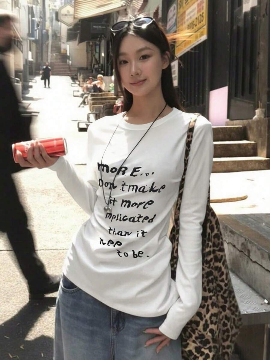 初秋新款圆领字母印花长袖T恤，独特设计女上衣 - 白色 - 查看 1