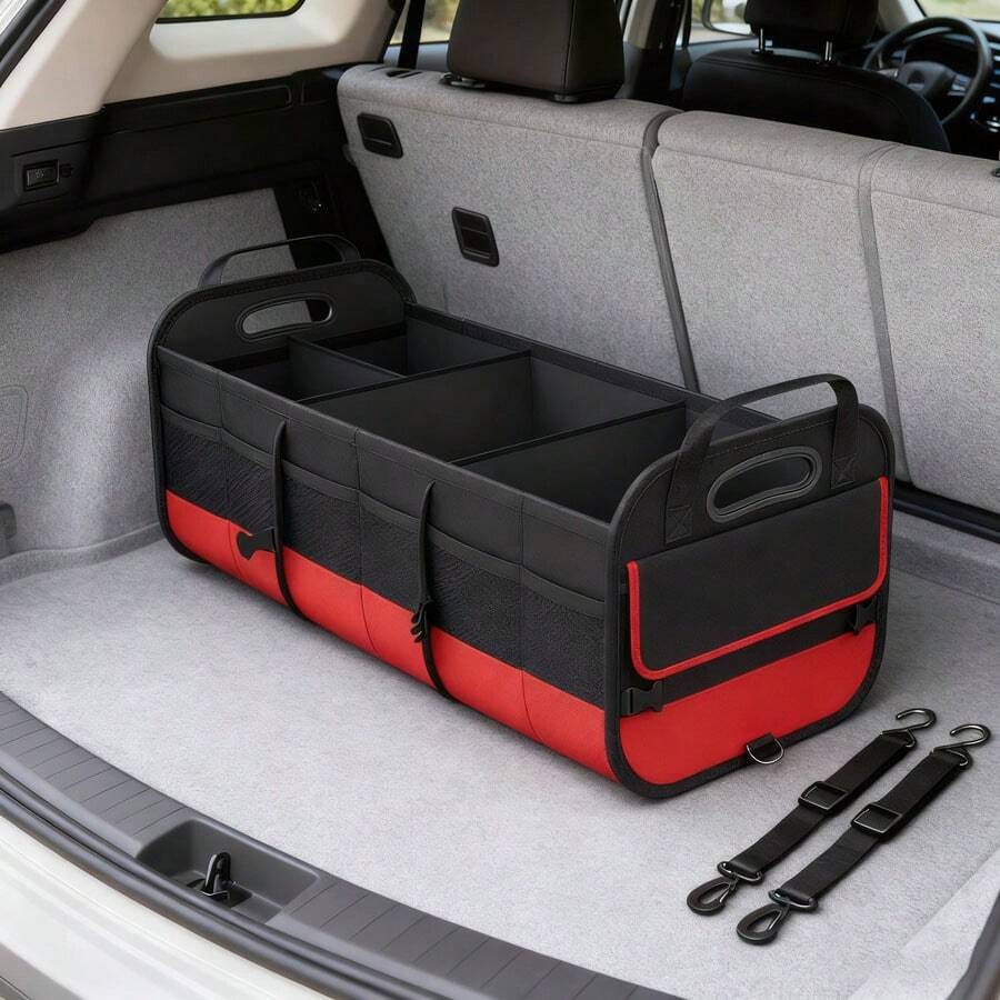 Black And Red Car Trunk Organizer, Heavy-Duty Foldable 95-Liter Capacity, Car Trunk Storage Bag With 4 Compartments And Adjustable Shoulder Straps, Perfect For Travel, Camping, Shopping, And Is Ideal For SUVs, Trucks, Cars, SUVs, And Minivans.