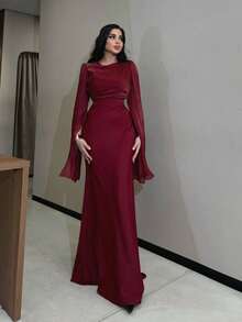 Women's Round-Neck Batwing Sleeve Evening Dress - Slim Fit Luxury Sexy Evening Dress For Women - 酒紅色 - 查看 3