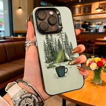 Cubierta de telefono con diseño de camping verde claro con tienda de campaña y taza de cafe para uso diario en cafes y viajes - Negro - Ver 2