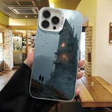 Cubierta de telefono con diseño de castillo encantado azul oscuro con siluetas de personas y texto 8000 para uso diario en cafeterias - Blanco - Ver 7