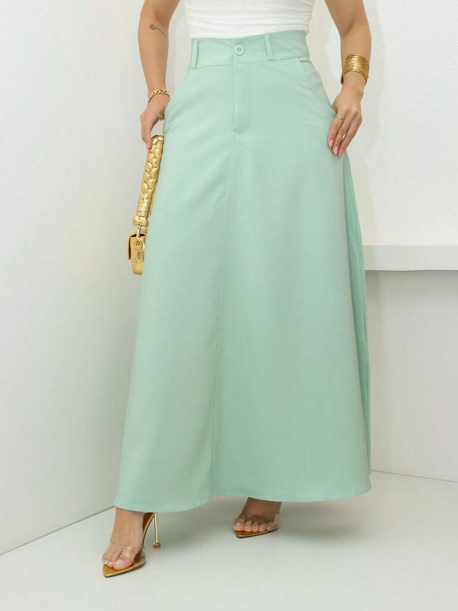 IN FASHION FEMININE High-Waisted Long Tailored Skirt - 青碧色 - 查看 1