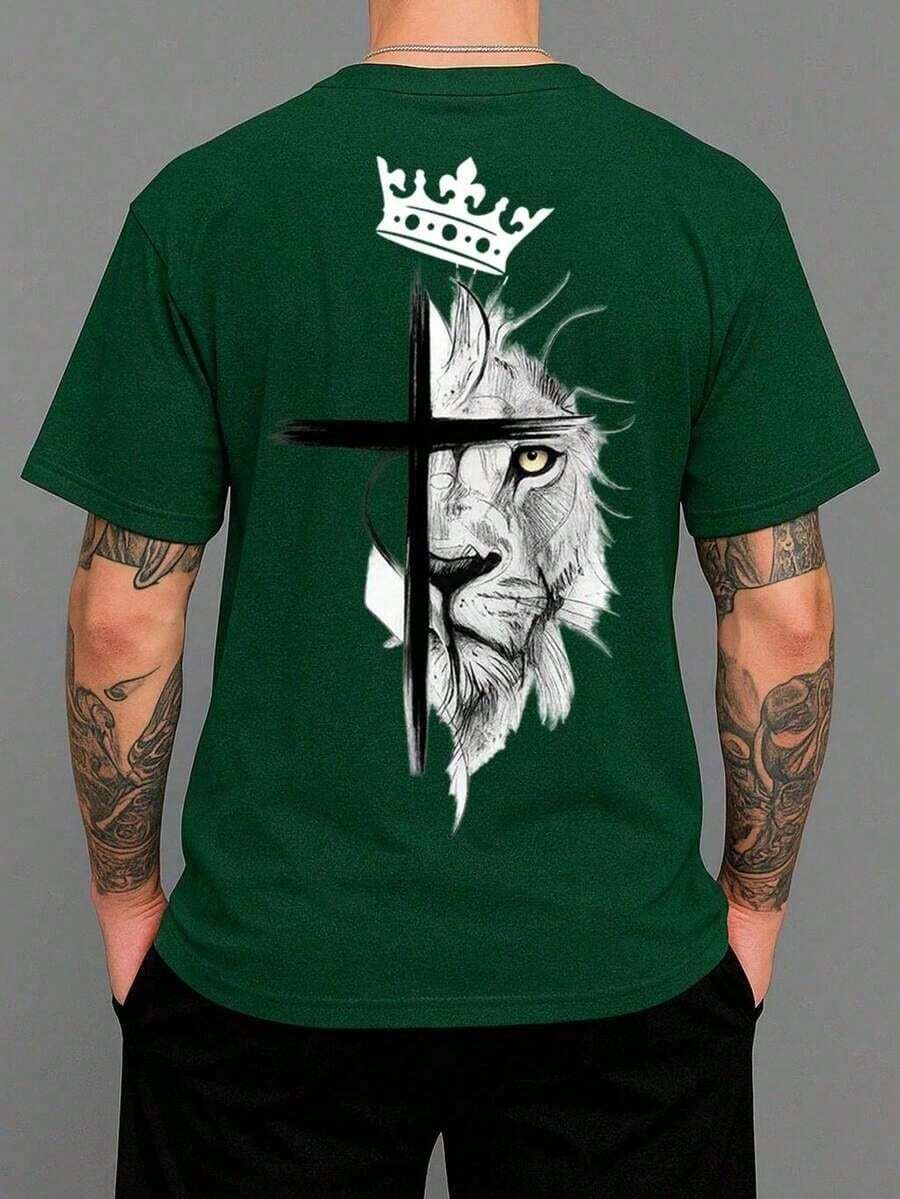 Men's Crew Neck T-Shirt, 100% Cotton, 30.1 Yarn, Comfortable Shirt, Religious Print, Stylish Shirt, Various Colors - xanh quân đội - Xem 1