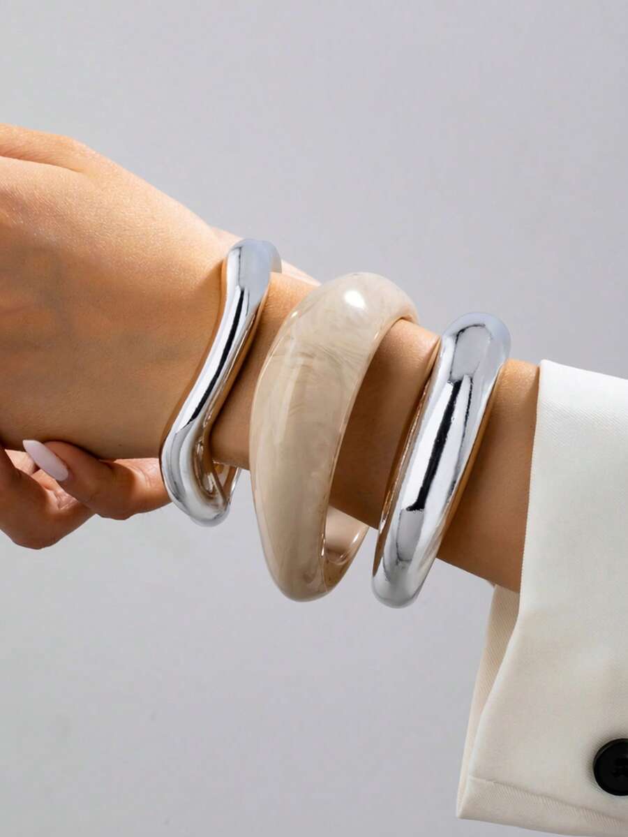 3 件树脂袖口手镯套装,女士简约粗袖口手镯,基本款设计手镯套装,叠戴手镯首饰,适合日常佩戴 - 銀色 - 查看 1