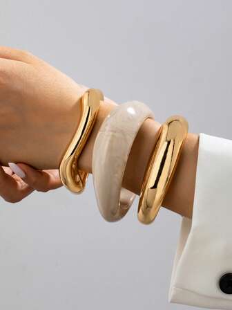 3 Pcs Resin Cuff Bangles Set , Women Minimalist Chunky Cuff Bracelets , Basic Design Bangles Bracelets Set , Stacked Bracelets Jewelry For Daily Wear