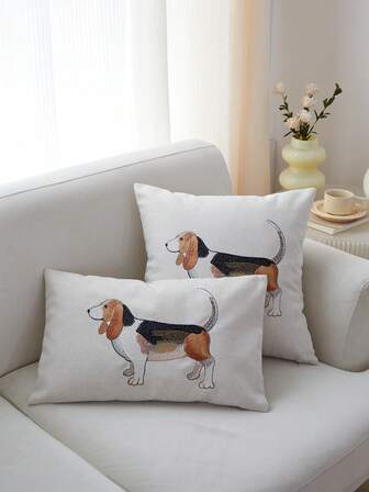 1pc Cute Dachshund Dog Burlap Embroidered Throw Pillow Cover, Suitable For Living Room, Bedroom, Sofa, Party And Various Environments, All Season