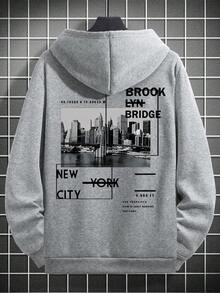 Men's New York & Brooklyn City Element Print Fleece Hoodie, Streetwear Style, Autumn/Winter