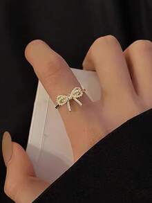 5pcs Elegant, Delicate, Gentle Geometric Bow, Star, Moon Faux Pearl Zirconia Inlaid Copper Ring Set, Unique Niche High-End, Suitable For Daily Commute, Events, Parties, Holidays, Fashion Gift - Yellow Gold - View 8