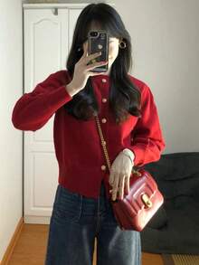 Vintage Elegant Rose Knitted Cardigan Top, Suitable For Christmas, New Year, Autumn/Winter - Red - View 6