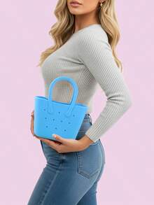 Women's Rubber DIY Tote Bag Portable Solid Color Handbag With Double Handles For Thanksgiving Gifts - 藍色 - 查看 2