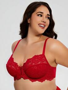 Wingslove Plus Size Lace Bra, Full Coverage Wireless & Unpadded Comfortable Bra, Suitable For Valentine's Day - Red - View 4