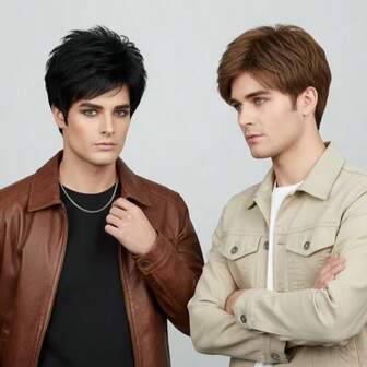 男士短款棕色和黑色假发，短款直发层次感自然合成男士假发，短款头发替换假发，逼真男士圣诞节服装派对角色扮演假发。