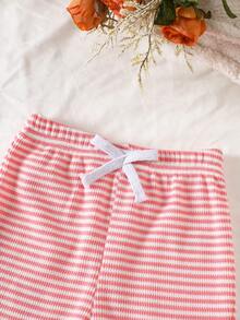 Young Girl Brown Big Eye Cartoon Crew Neck Long Sleeve Top And Cute Striped Flare Pants, Thanksgiving Bestseller