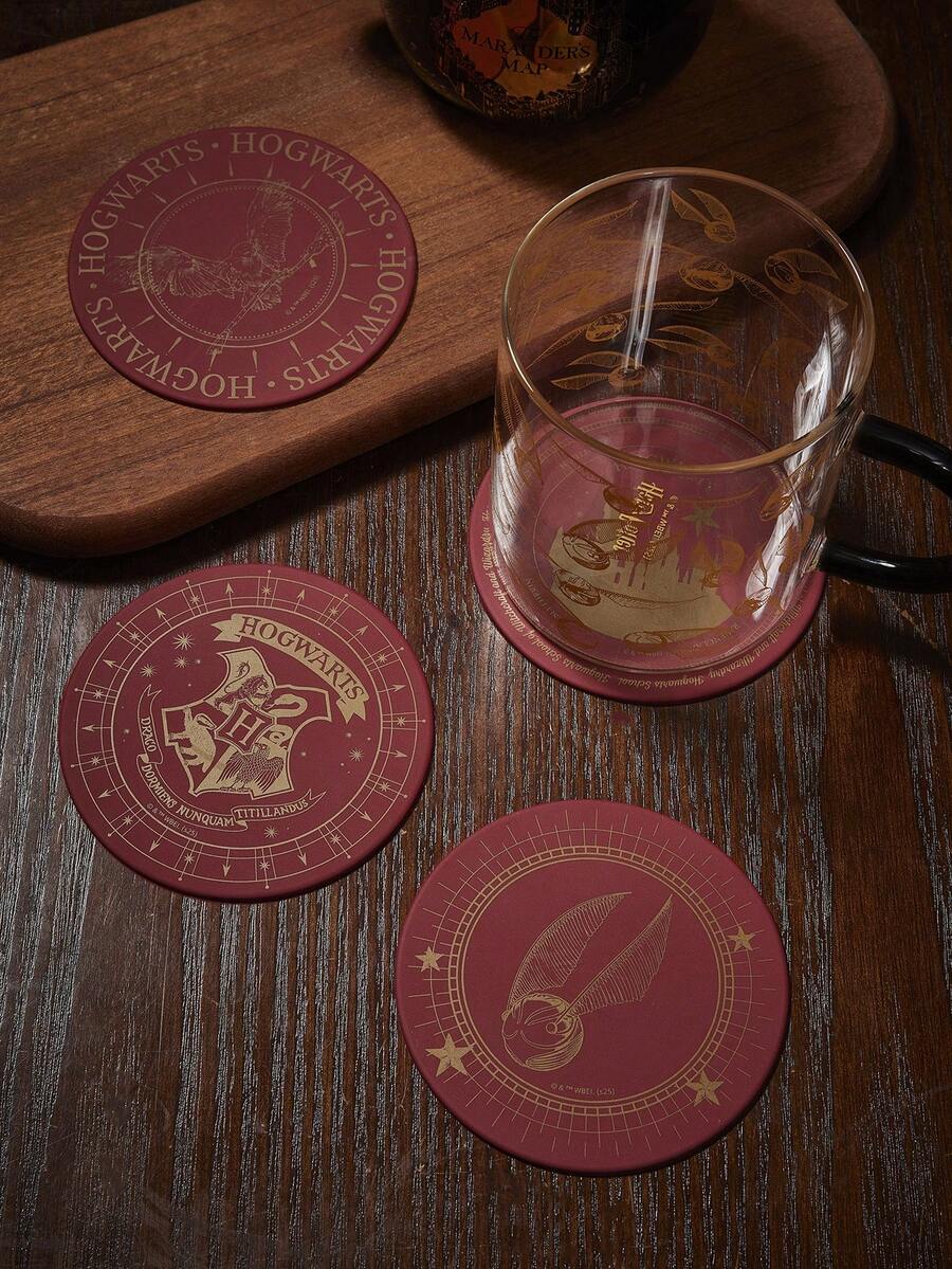 HARRY POTTER X SHEIN Cup Mat Set Of 4 Pieces, Used To Protect The Desktop, Coffee Table Decoration, Very Suitable For Home Decoration And Moving Gift Christmas,Gift Ideas - Burgundy - View 1
