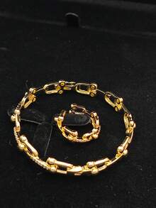 1 Set Stainless Steel Fashion Minimalist Horseshoe Clasp Jewelry Set, Stylish Chic Design For Everyday, Parties & Gatherings - Horseshoe Buckle Bracelet + Ring - View 5