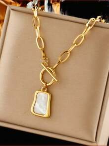 1pc Gold Tone Vintage White Bead Chain Stainless Steel Necklace Women, Short Length Sweater Chain All-Match Cool Style - Gold - View 12