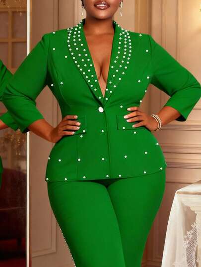 Elegant Plus Size Shawl Collar Blazer With Beaded Fake Pockets For Office Business Wear