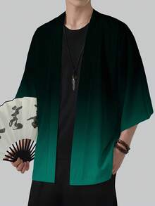 Cardigan Pria Motif Ombre Gaya Jepang Retro - 100% Poliester, Ringan, Longgar, Tanpa Kerah, Selendang Pelindung Matahari Musim Semi/Panas/Gugur, Dapat Dicuci dengan Mesin, Hadiah Modis, Musiman, Konstruksi Tahan Lama, Tampilan Bergaya, Ukuran China, Harap Periksa Tabel Ukuran dengan Seksama - Hijau - View 4