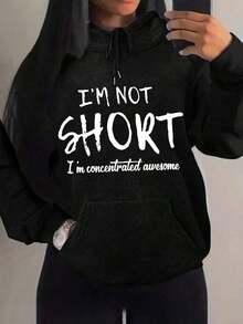 Women's Funny Slogan Hooded Sweatshirt - "I'm Not Short I'm Concentrated Awesome" White Lettering Print, Black Casual Winter Pullover Hoodie, Thick Warm Sweater For Short & Petite Women, Machine WashableChristmas Fun Pattern Printed Casual Women's Hoodie - 黑色 - 查看 1