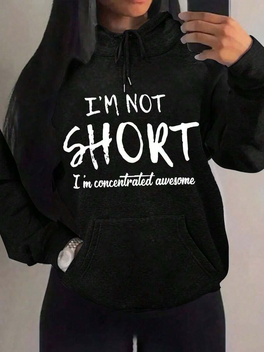 Women's Funny Slogan Hooded Sweatshirt - "I'm Not Short I'm Concentrated Awesome" White Lettering Print, Black Casual Winter Pullover Hoodie, Thick Warm Sweater For Short & Petite Women, Machine WashableChristmas Fun Pattern Printed Casual Women's Hoodie - 黑色 - 查看 1