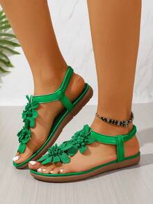 大码女士优雅凉鞋，3D立体花卉装饰，童话般的夏日风格，露趾设计，织物鞋面和内衬，防滑鞋底，超细纤维鞋垫，人字拖 - 綠色 - 查看 6