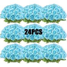 40支仿真玫瑰花束，丝绸假花，逼真长茎玫瑰，适用于婚礼装饰、新娘送礼会中心摆件、花艺布置、派对家居餐桌装饰、生日、周年纪念日、情人节、母亲节等场合。 - 淺藍色 - 查看 13