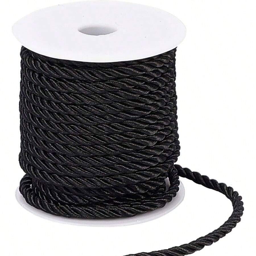 59 Ft Decorative Twist Cord, 5mm 3 - Ply Twine Silk Rope Shiny Viscose Cording Handfasting, Home Decoration, Embellish Costumes, Drawstrings, Graduation, Black - 5mm + Black - View 1