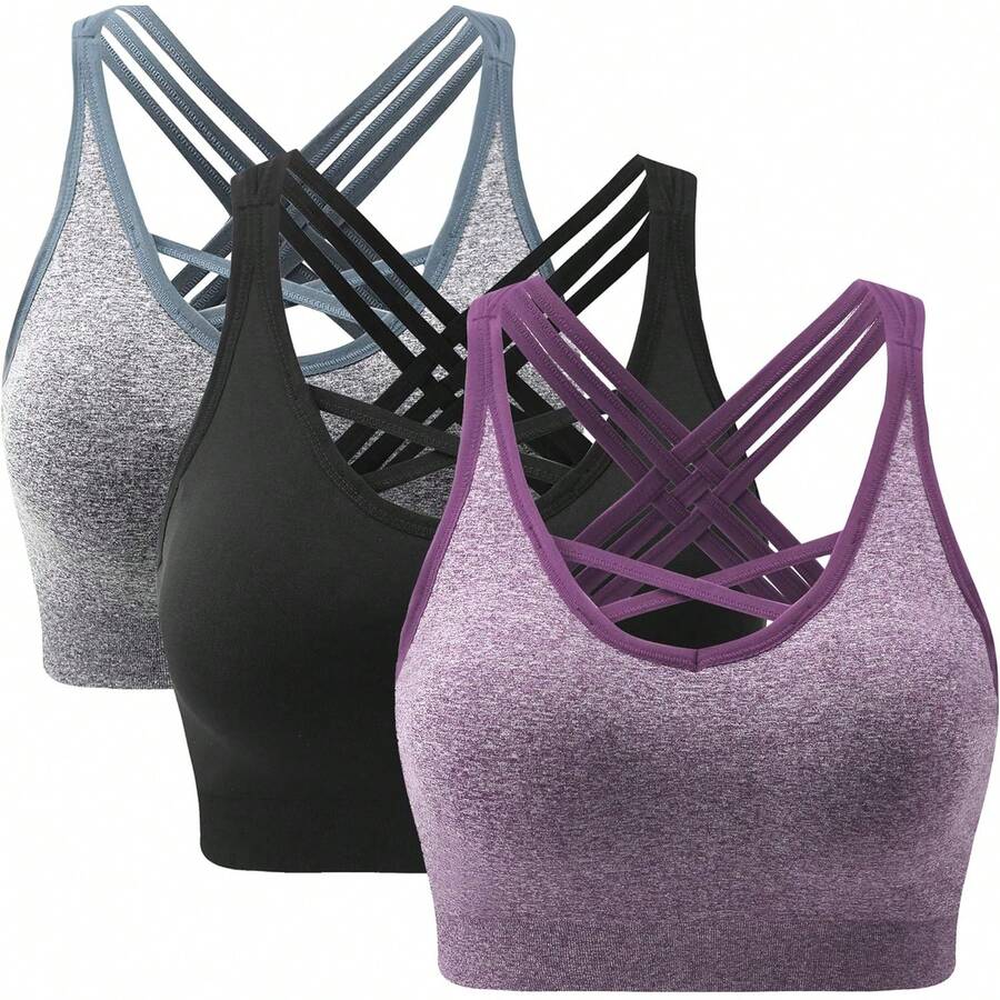 ANGOOL Racerback - Sujetadores deportivos para mujer - Sujetador de yoga inalámbrico de apoyo medio para correr, gimnasio y fitness - Negro + gris + morado - Ver 1