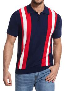 Men's Knit Polo Shirt Short Sleeve – Vertical Stripe Casual Golf Shirt, Soft Stretch Summer Collared Top - Royal Blue - View 1