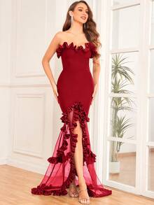 Women's Strapless Sleeveless Elegant Ribbed Knit Maxi Bodycon Bandage Dress, Ruffle Trim, High Slit, Fishtail Hem - Red - View 4