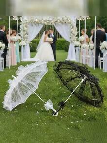 新娘婚礼装饰套装：蕾丝伞和蕾丝塑料扇，欧式新娘婚礼伞，户外婚礼装饰伞扇套装，最佳礼物，婚礼摄影道具白色蕾丝阳伞，茶会装饰，洗礼生日派对用品，复古婚礼配饰，伴娘鲜花摄影道具