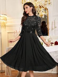 MIUSOL Đầm xòe chiffon tay lửng 3/4 cổ cao đính sequin và ren hoa, kiểu dáng thanh lịch dành cho nữ, thích hợp dự tiệc cưới, lễ tốt nghiệp, tiệc tối trang trọng và các dịp khác, màu đen cho ngày Valentine mùa xuân. - màu đen - Xem 9